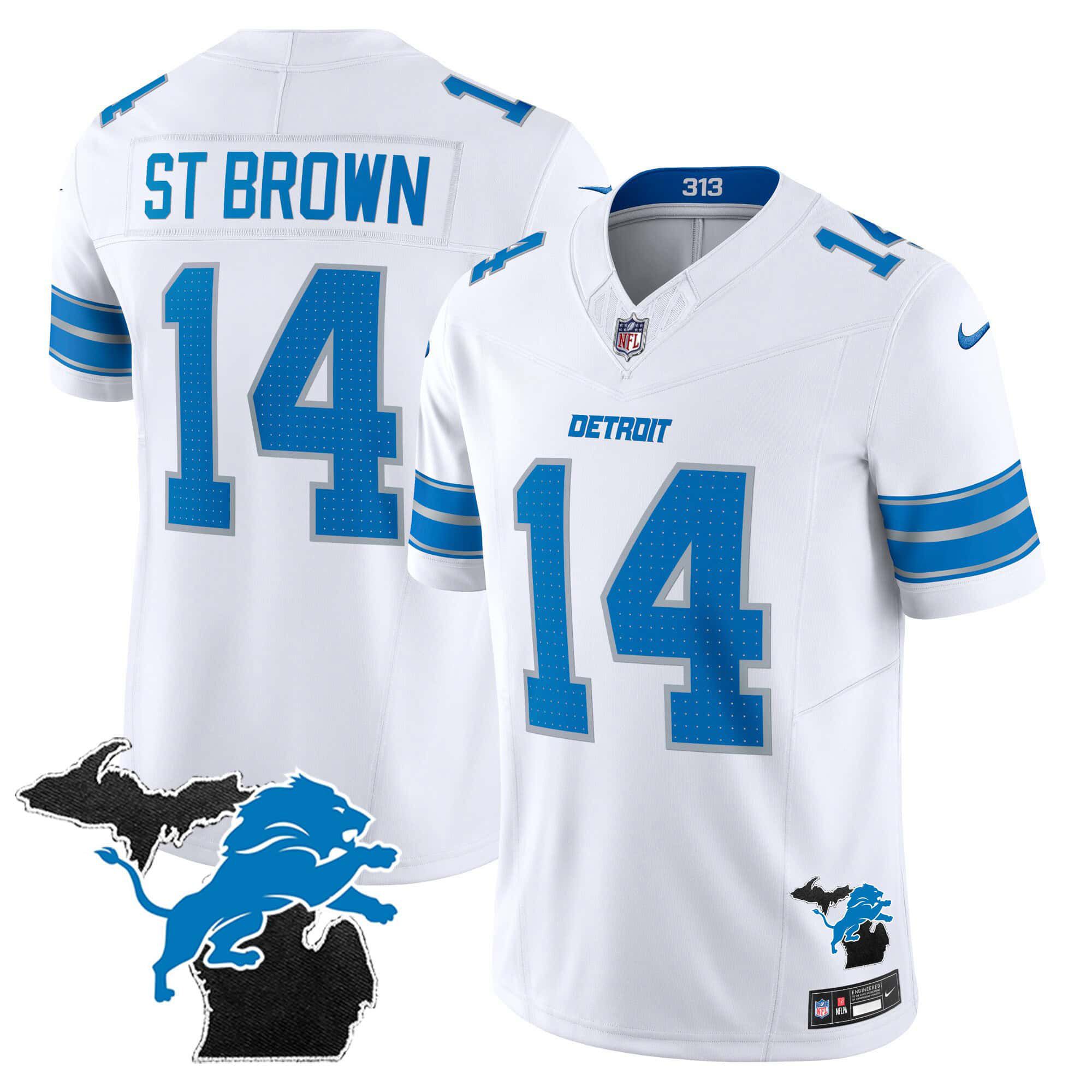 Men Detroit Lions #14 ST Brown White 2024 Nike Michigan Patch Vapor Limited NFL Jersey